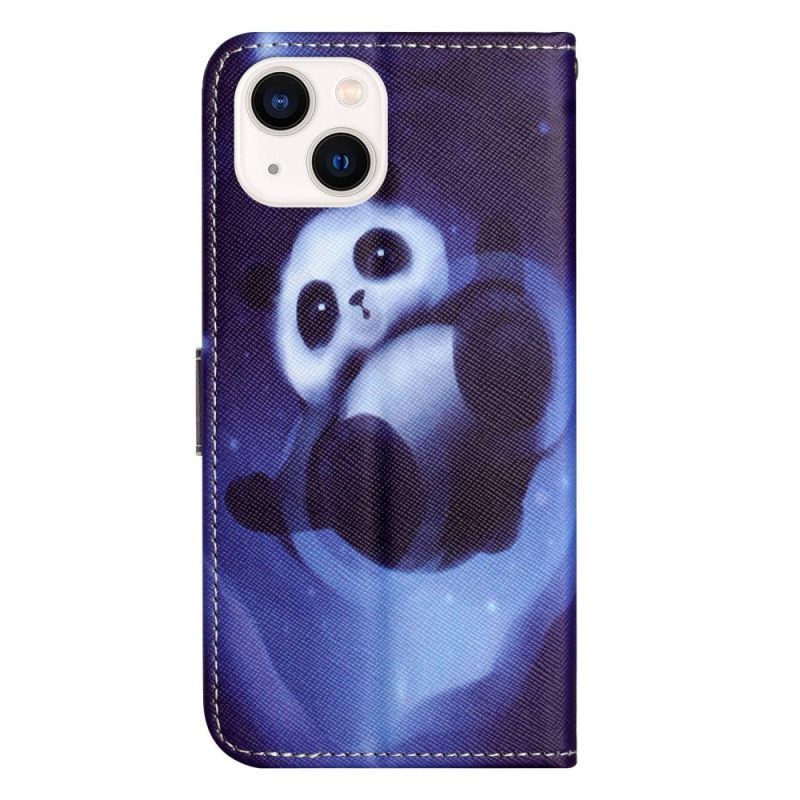 Θήκη Flip iPhone 14 Plus με κορδονι Panda Στο Διάστημα Με Κορδόνι